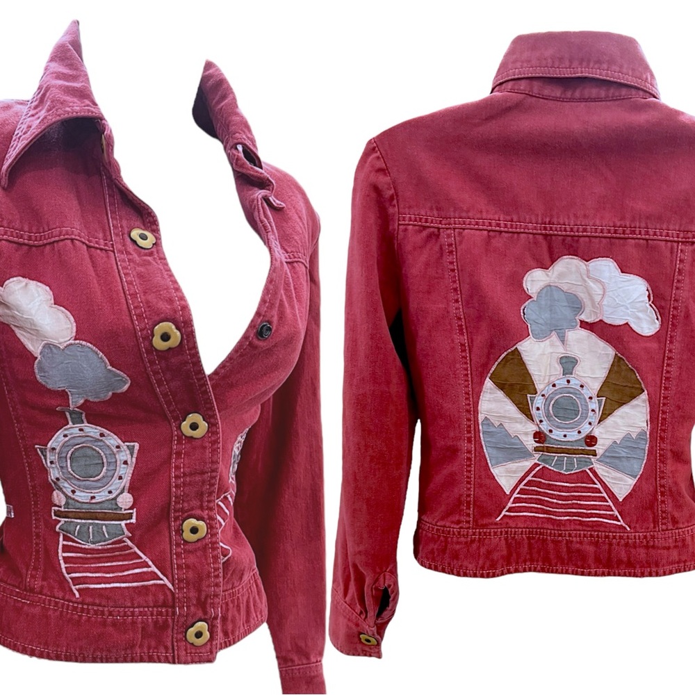Roncelli Vintage 1970s Novelty Train Appliqué Denim Jacket Top Wearable Art Sz S